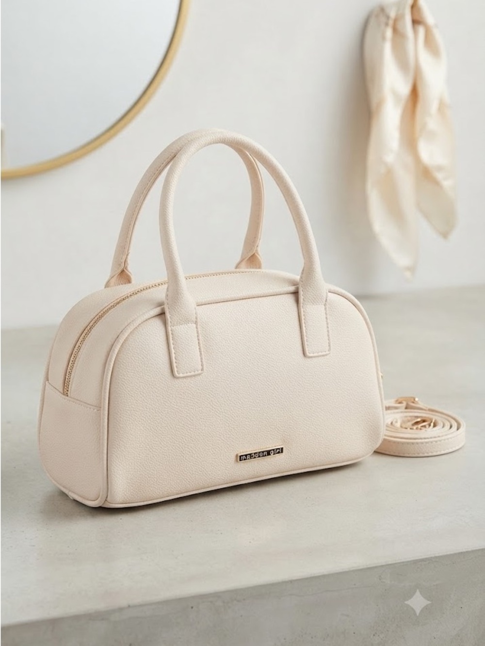 Madden Girl Cream Pebbled Dome Satchel with Gold Hardware